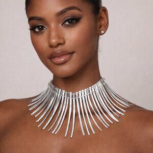 Silver Metal Bar Fringe Statement Choker